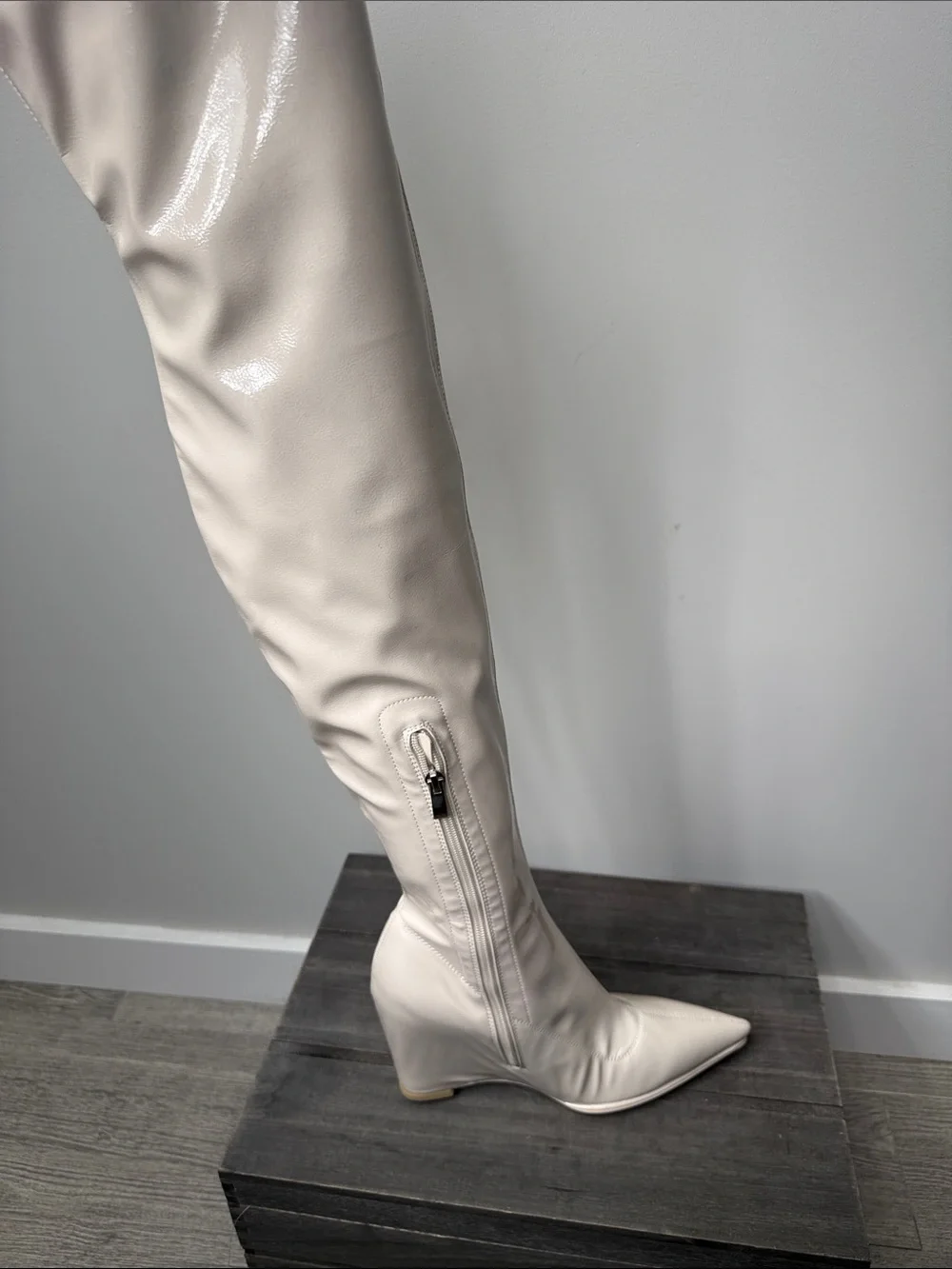 Ivory Patent Over-the-Knee Pointed Toe Boots NWOT